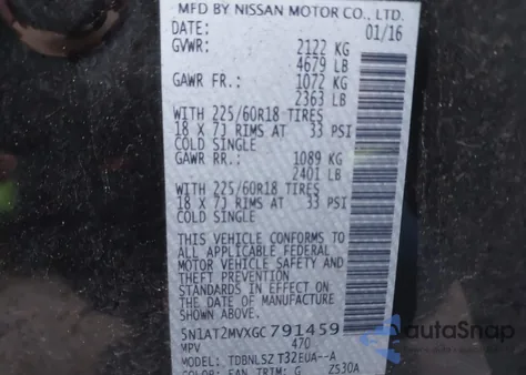 2016 Nissan Rogue Sl from USA, damaged, VIN 5N1AT2MVXGC791459